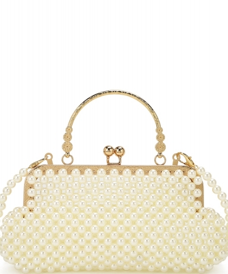 All Over Pearl Bead Handle Crossbody Bag DS-5280 BEIGE